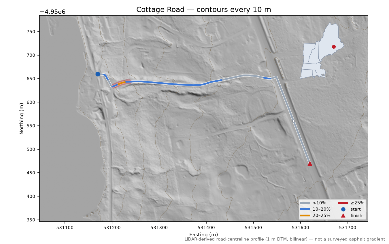Cottage Road LiDAR hillshade map with contours