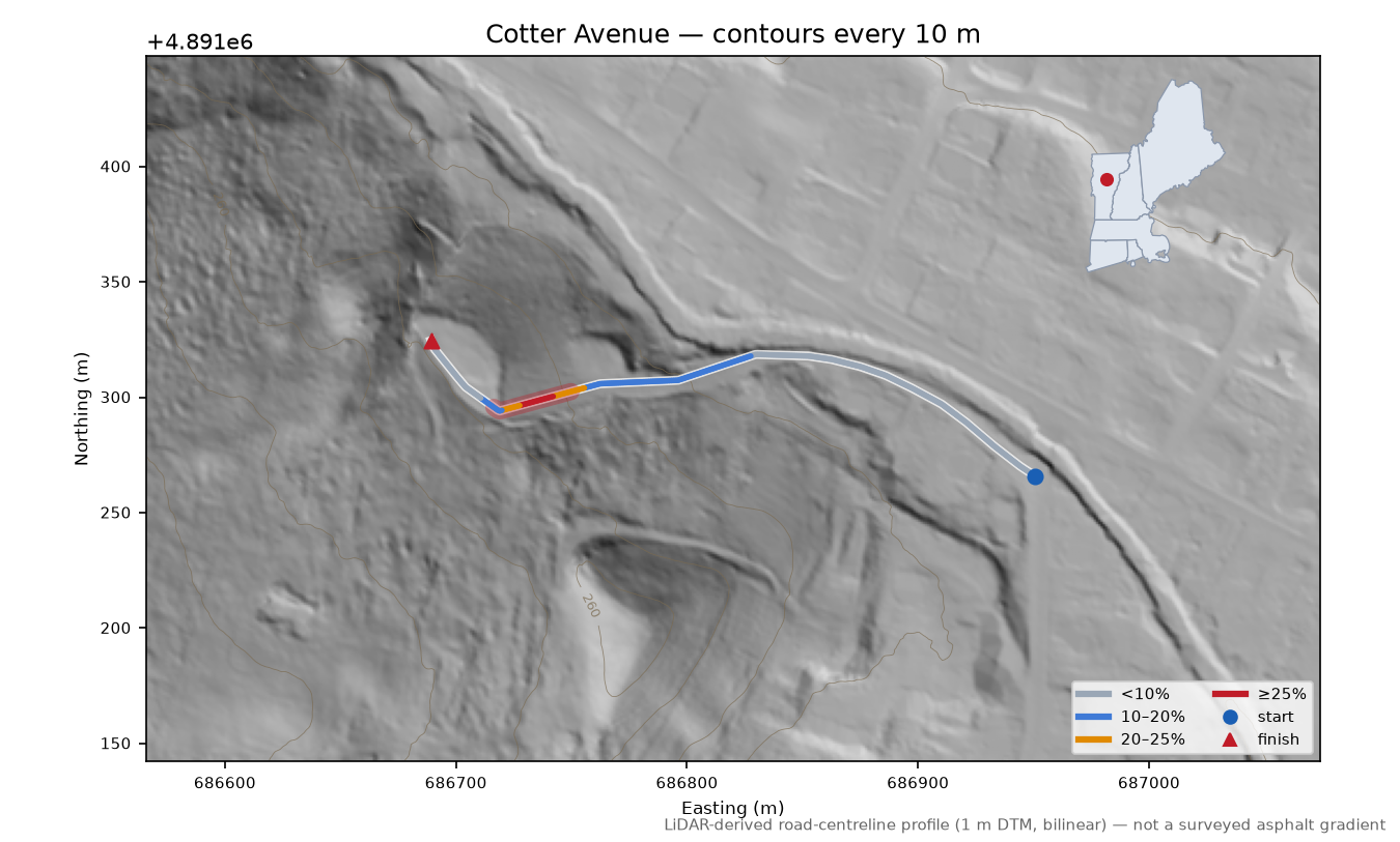 Cotter Avenue LiDAR hillshade map with contours