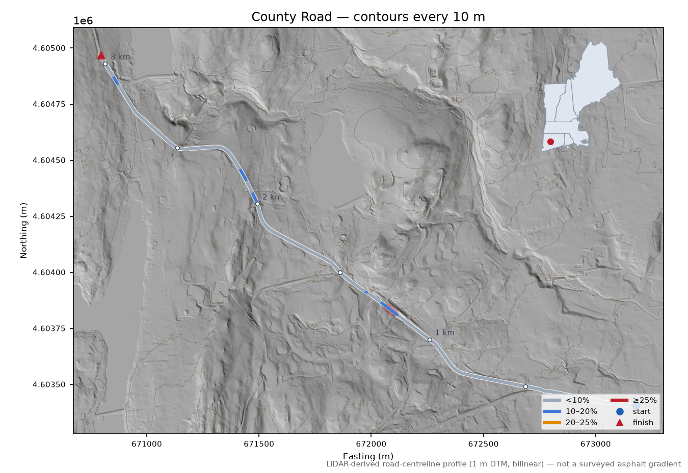 County Road LiDAR hillshade map with contours