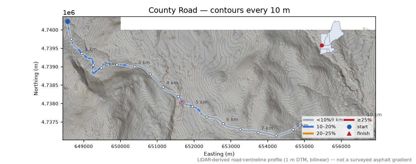 County Road LiDAR hillshade map with contours