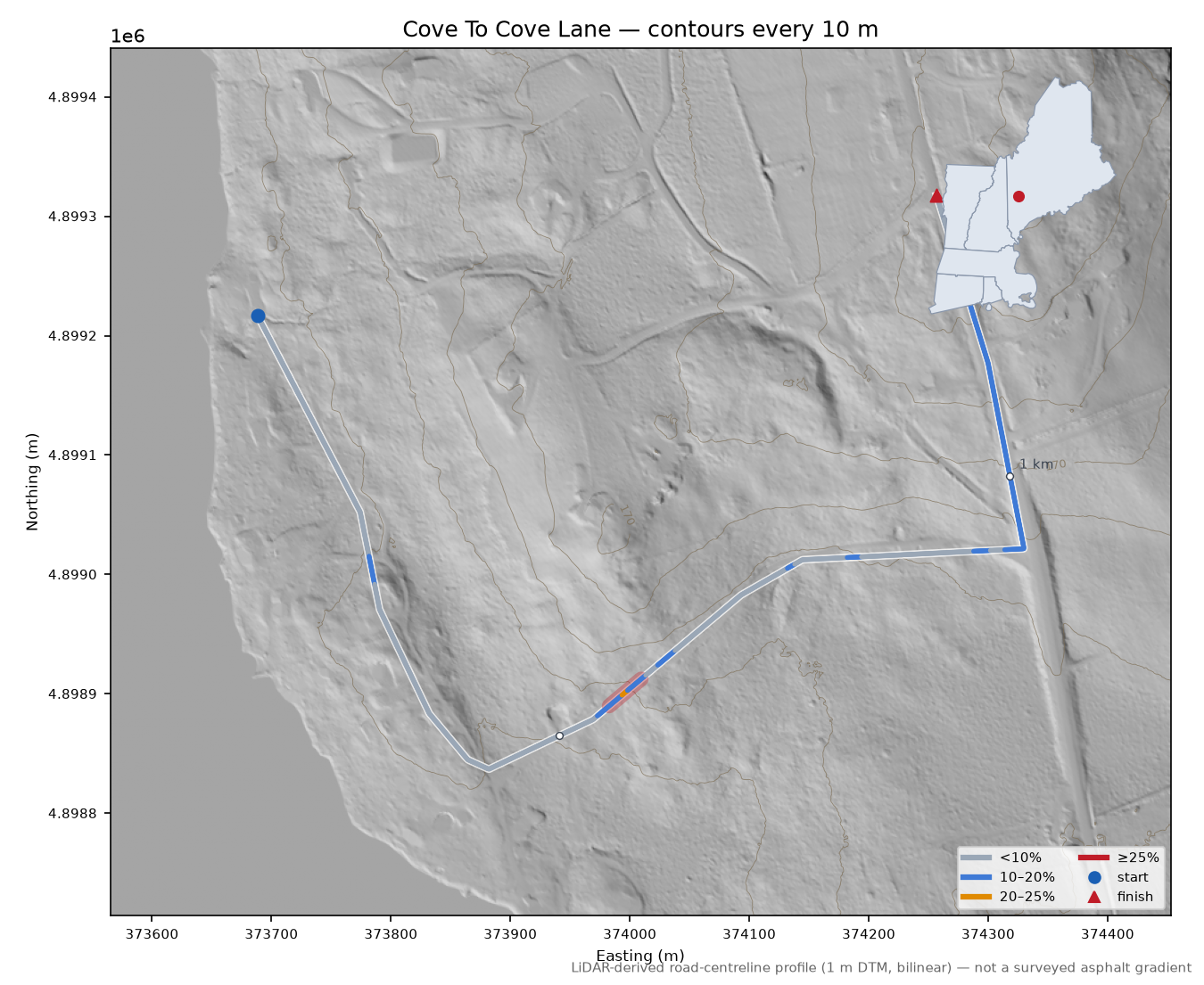 Cove To Cove Lane LiDAR hillshade map with contours