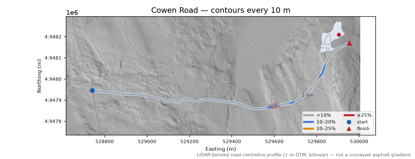Cowen Road LiDAR hillshade map with contours