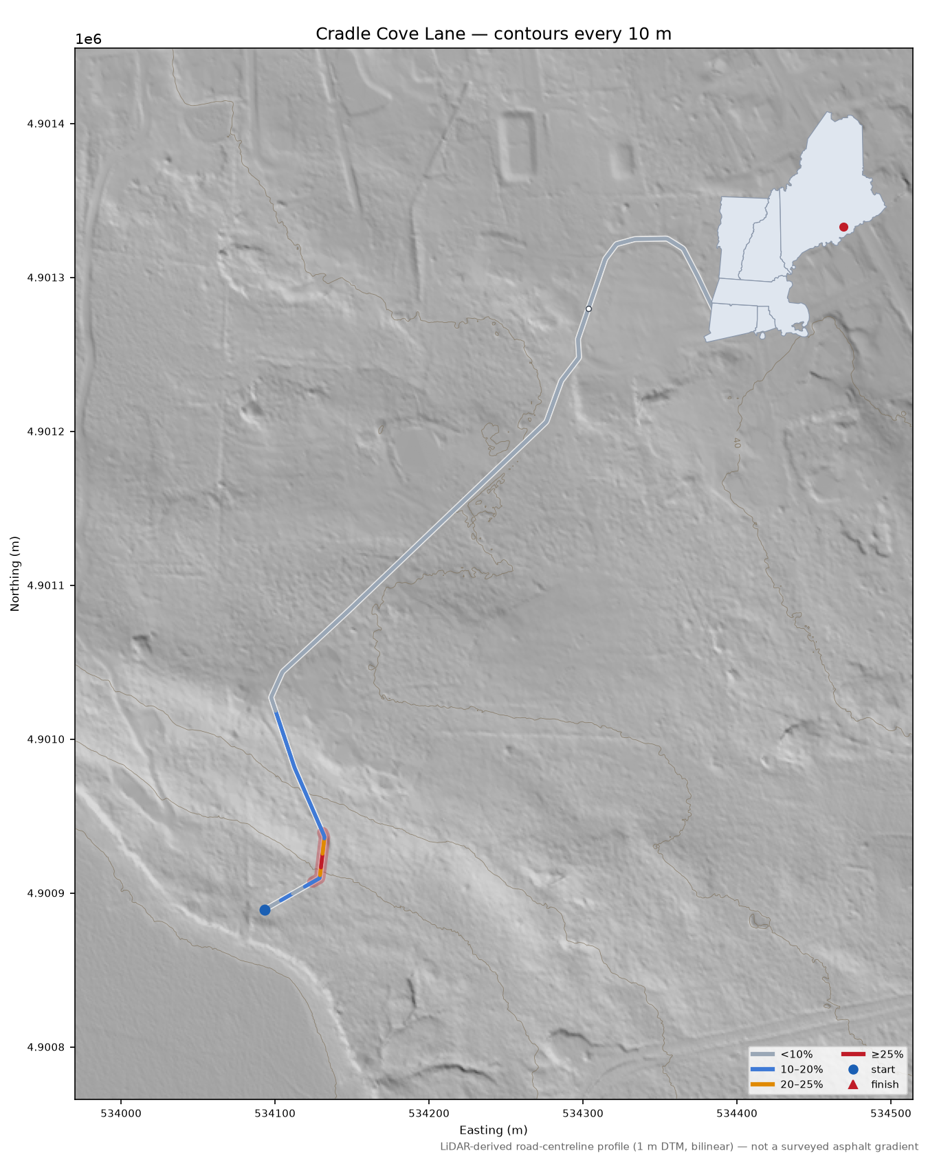 Cradle Cove Lane LiDAR hillshade map with contours