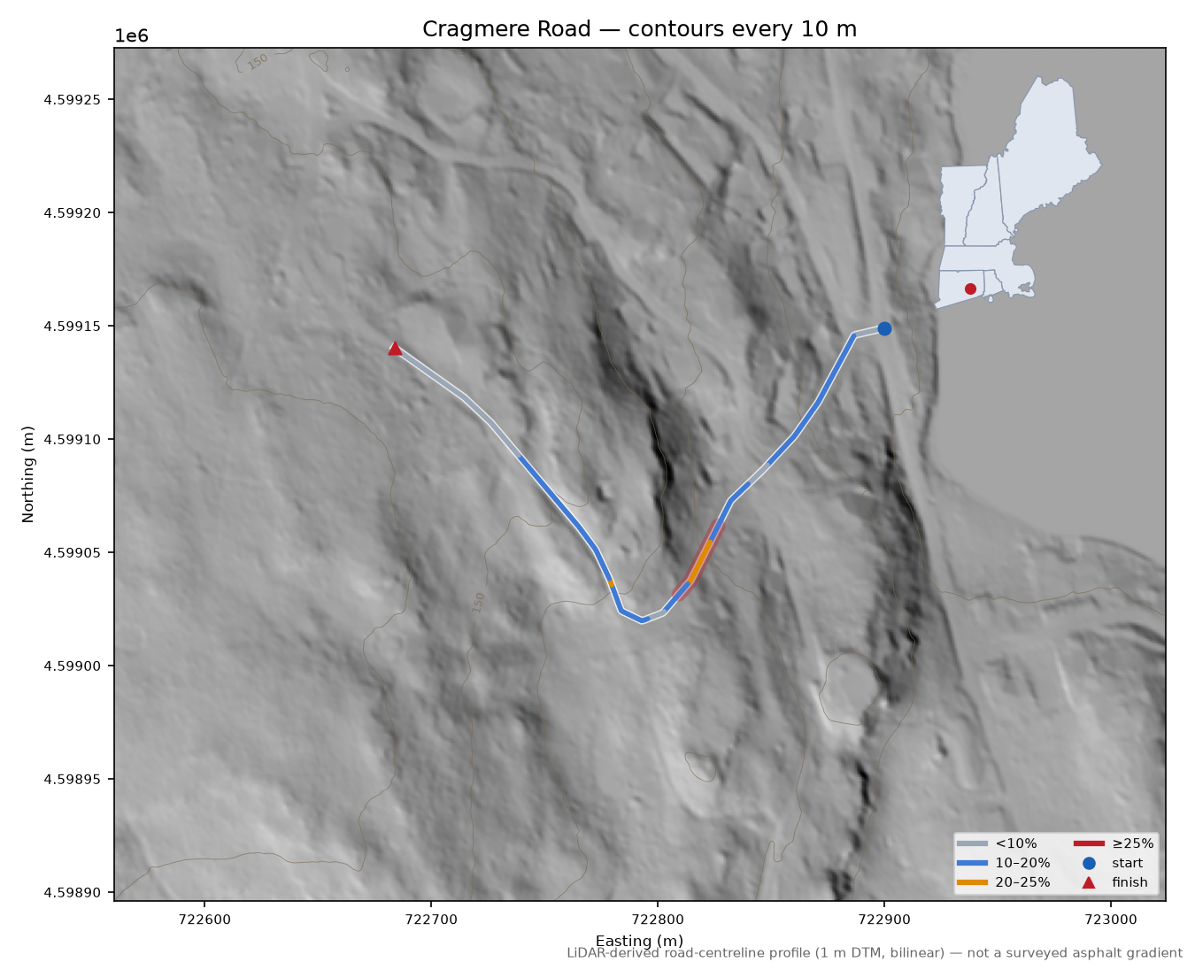 Cragmere Road LiDAR hillshade map with contours