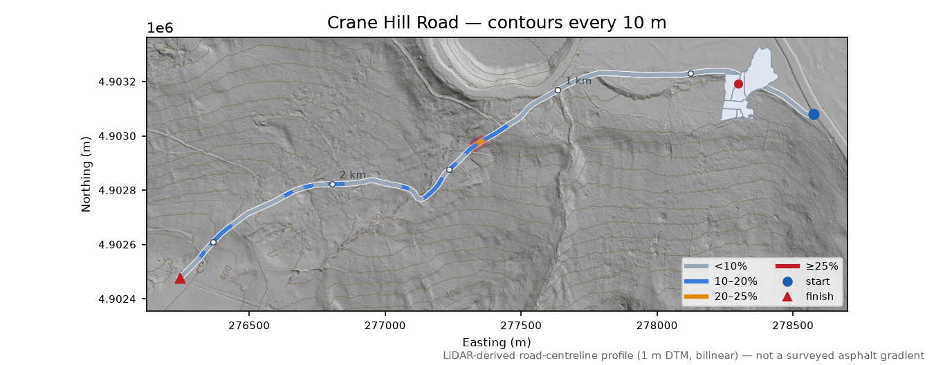 Crane Hill Road LiDAR hillshade map with contours