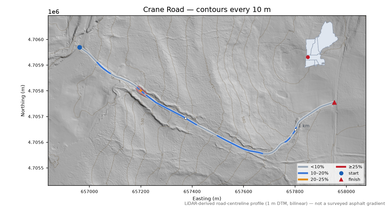 Crane Road LiDAR hillshade map with contours