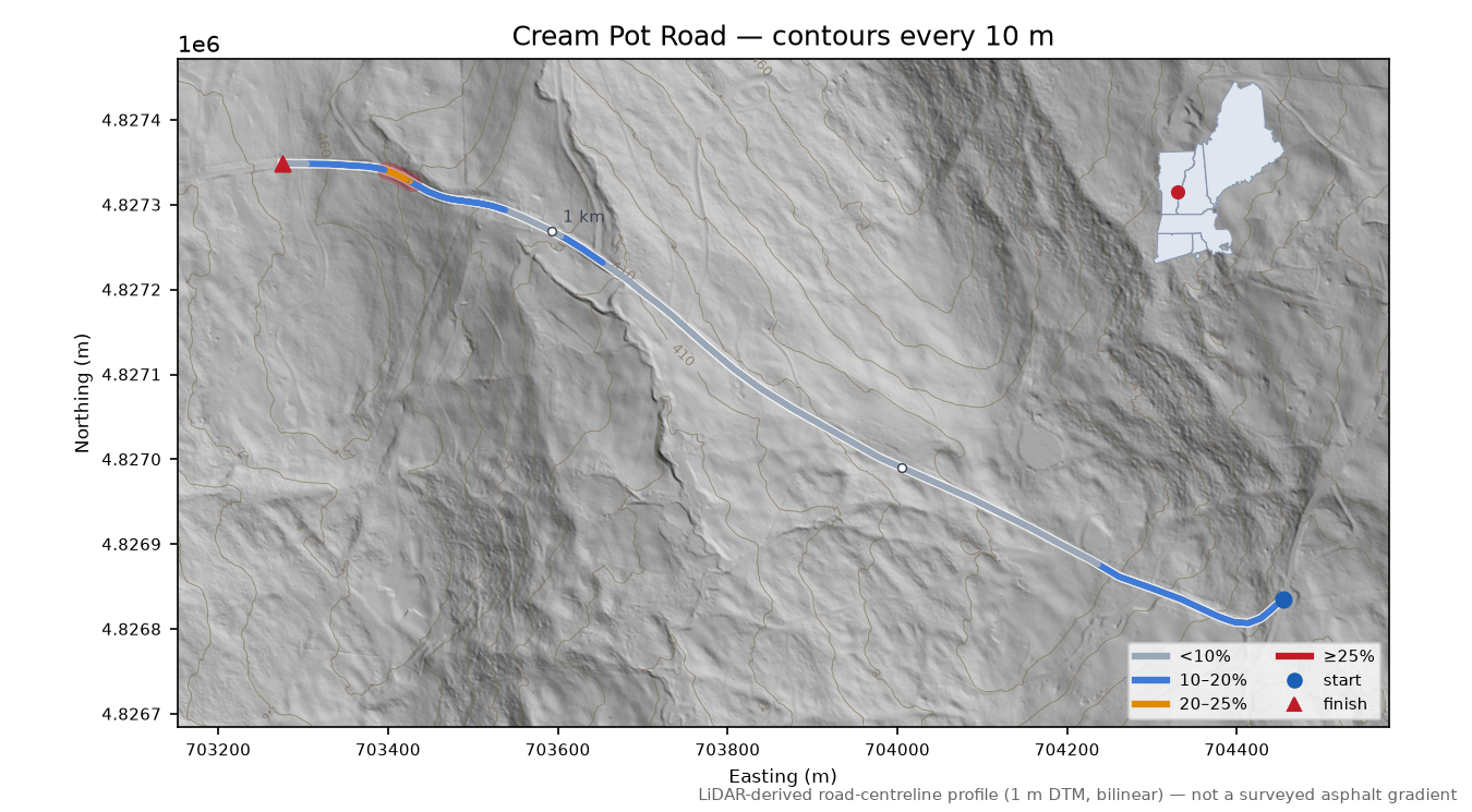 Cream Pot Road LiDAR hillshade map with contours