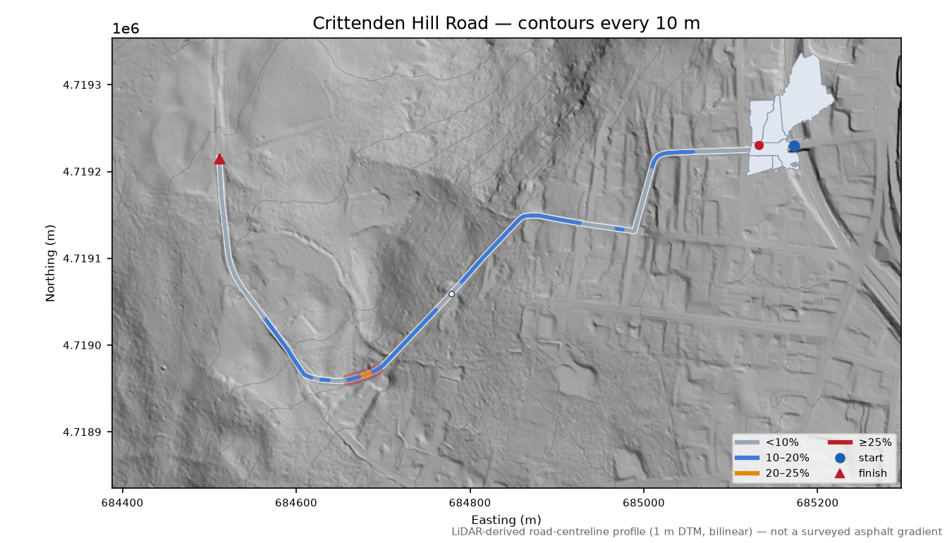 Crittenden Hill Road LiDAR hillshade map with contours