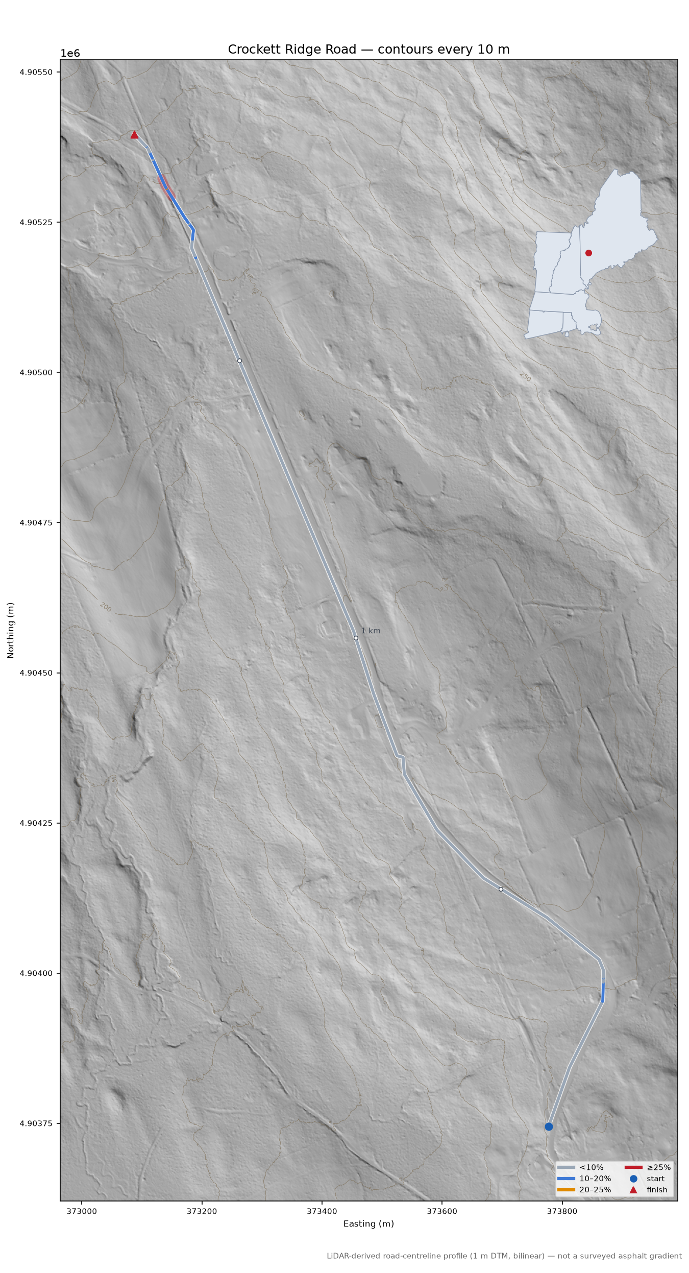 Crockett Ridge Road LiDAR hillshade map with contours