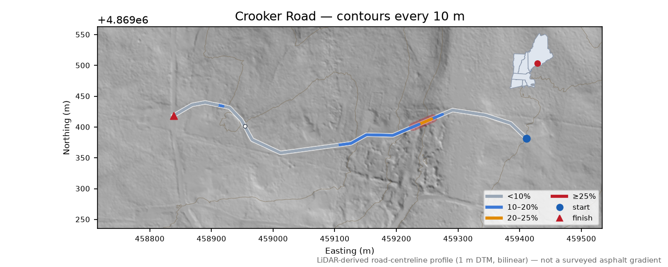Crooker Road LiDAR hillshade map with contours