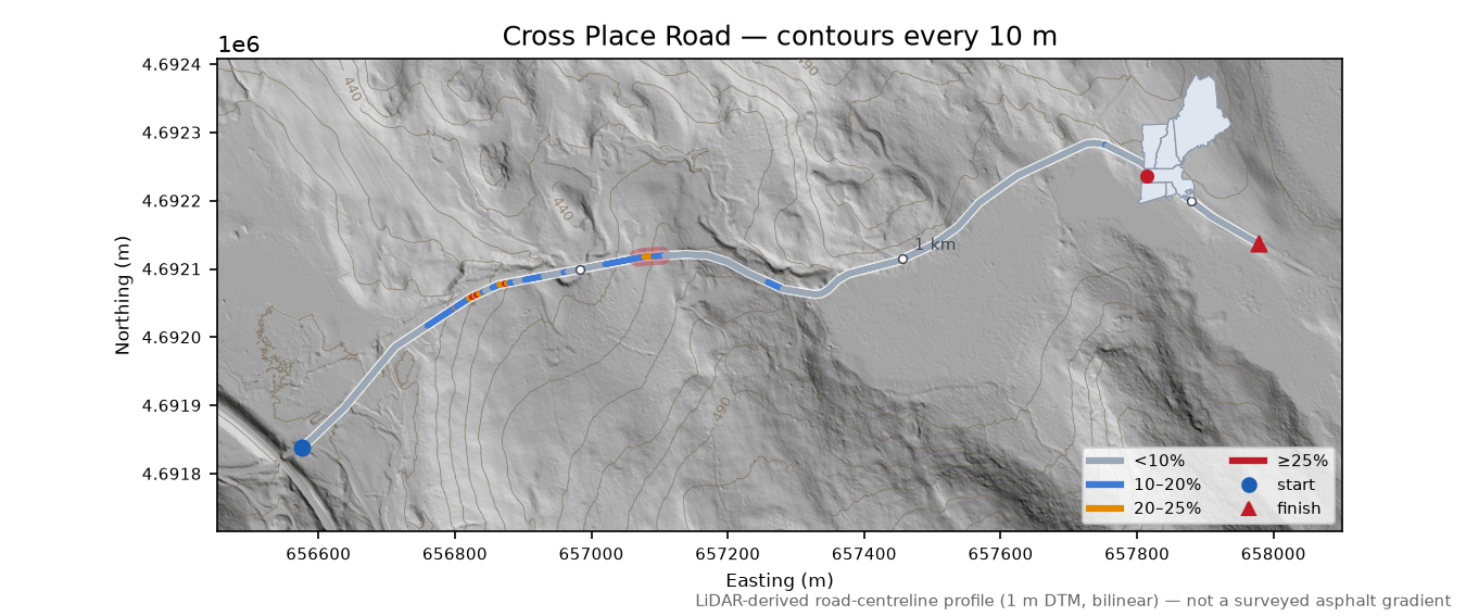 Cross Place Road LiDAR hillshade map with contours