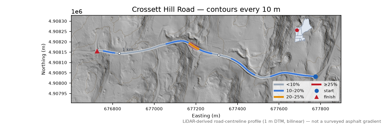 Crossett Hill Road LiDAR hillshade map with contours