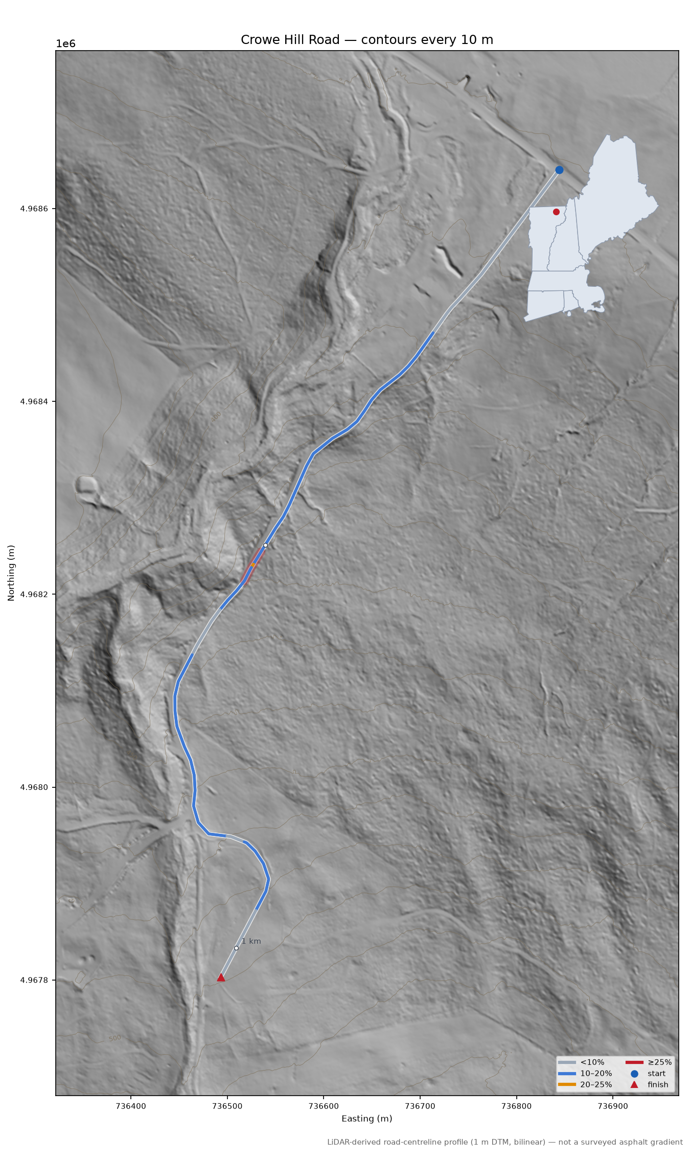 Crowe Hill Road LiDAR hillshade map with contours