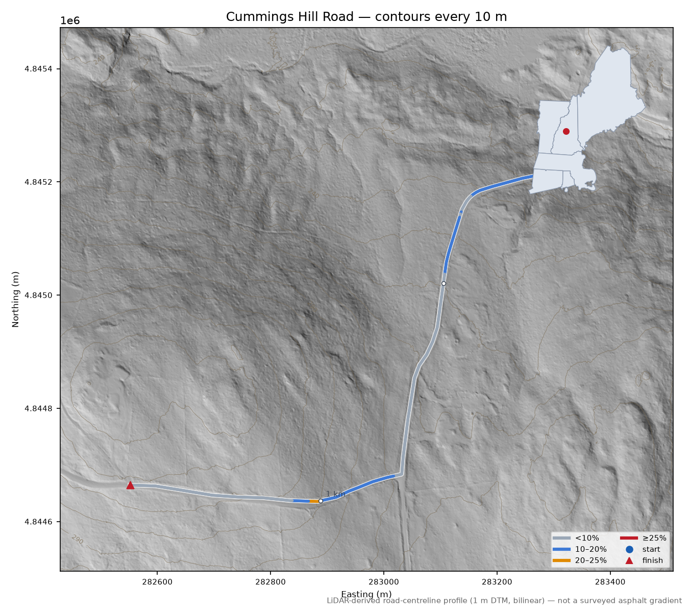 Cummings Hill Road LiDAR hillshade map with contours