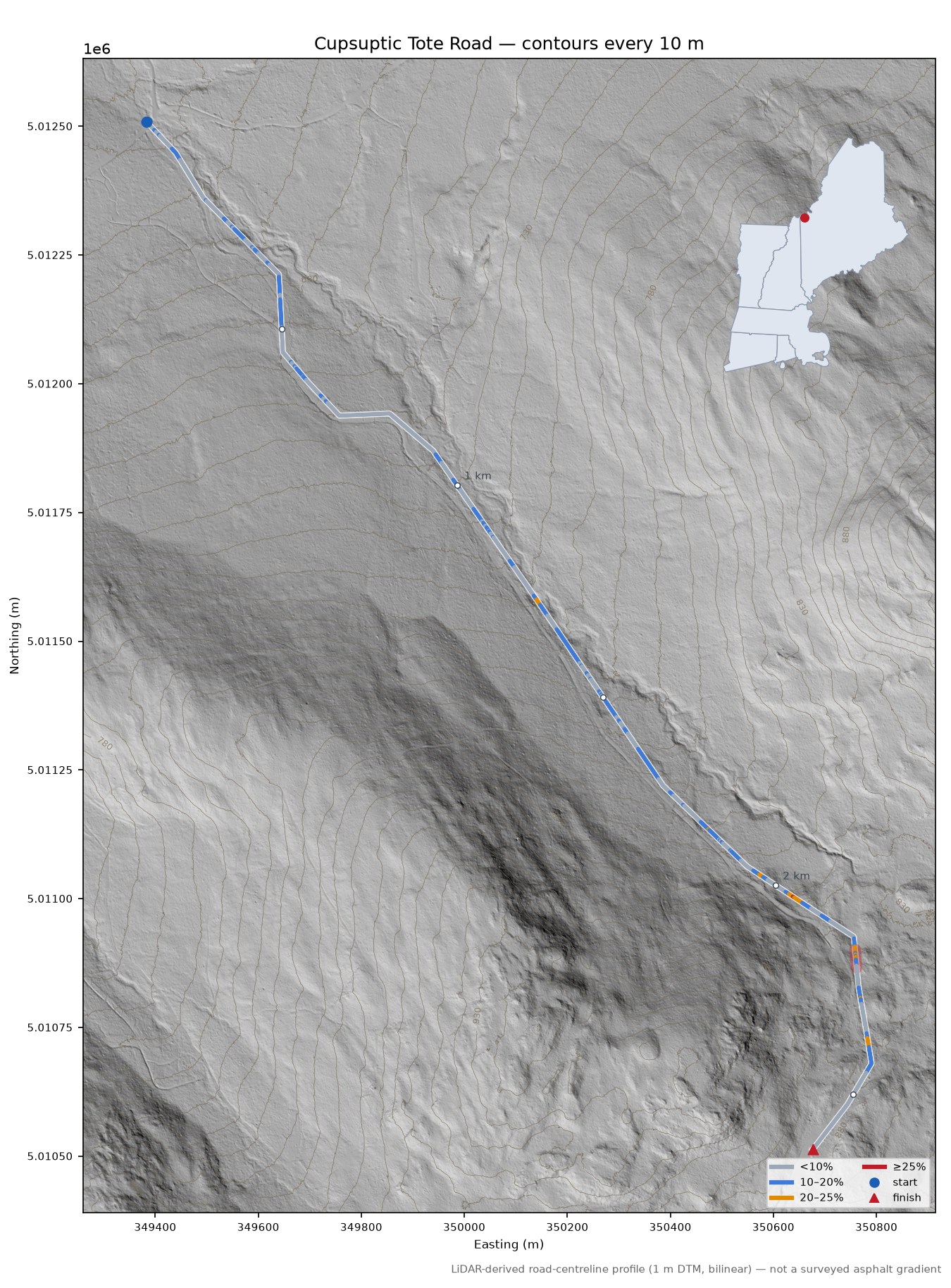 Cupsuptic Tote Road LiDAR hillshade map with contours