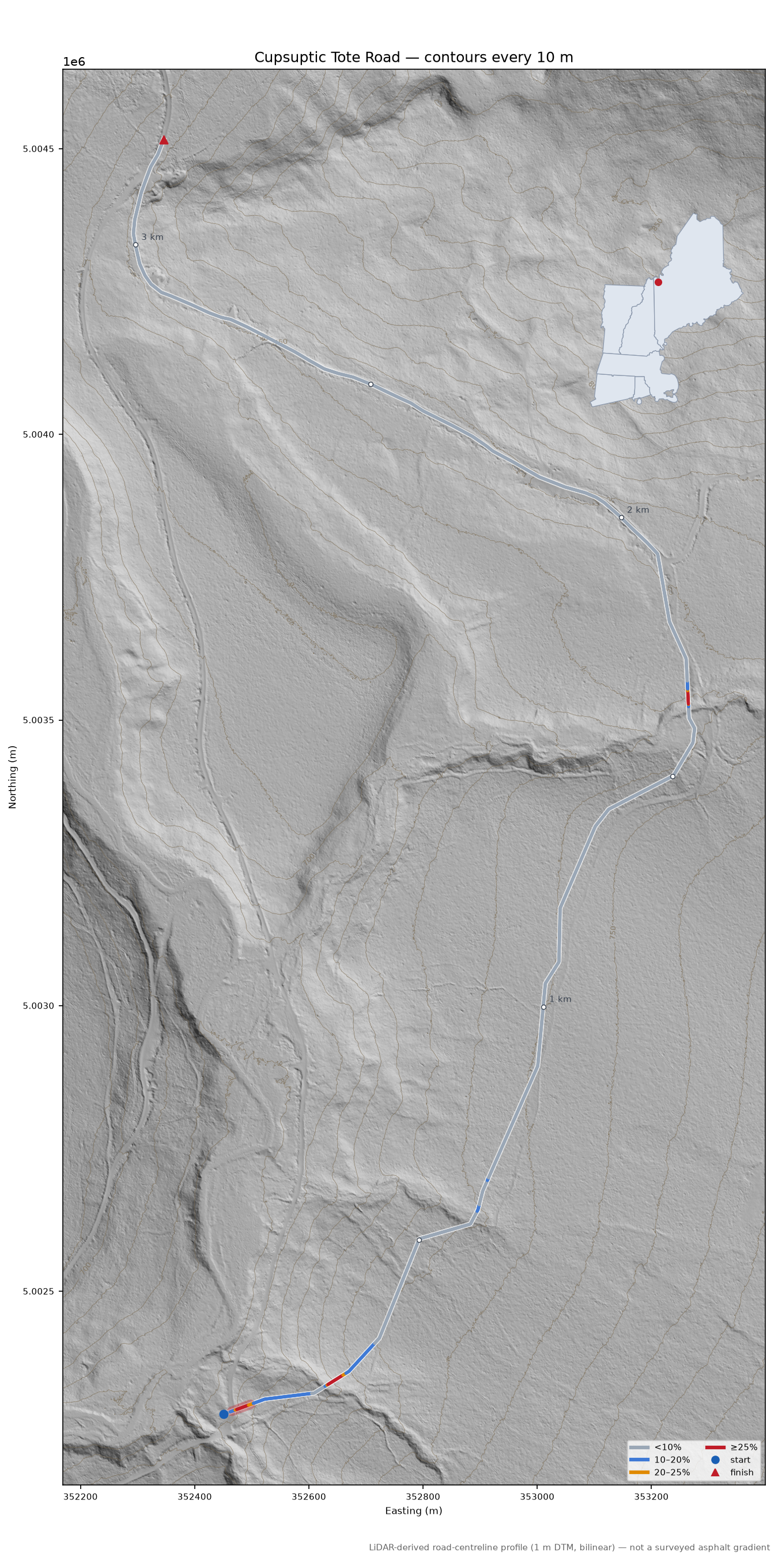 Cupsuptic Tote Road LiDAR hillshade map with contours