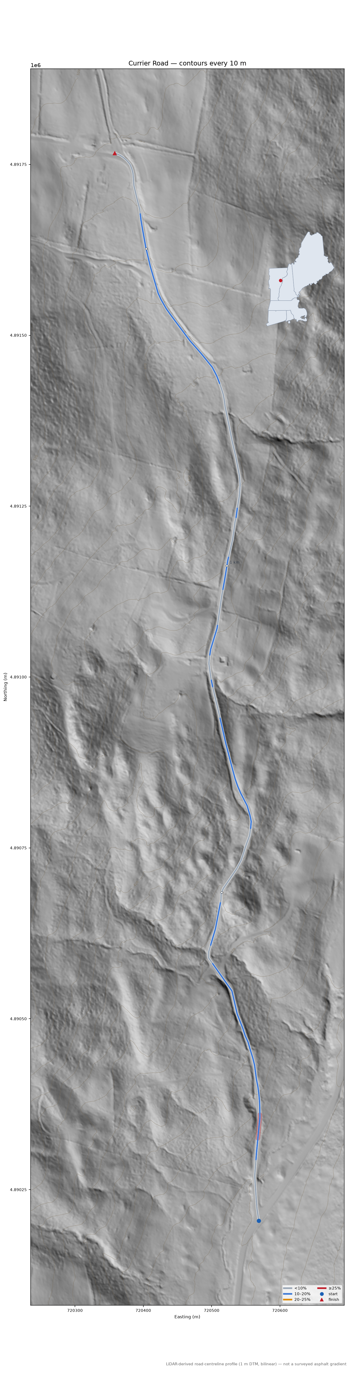 Currier Road LiDAR hillshade map with contours