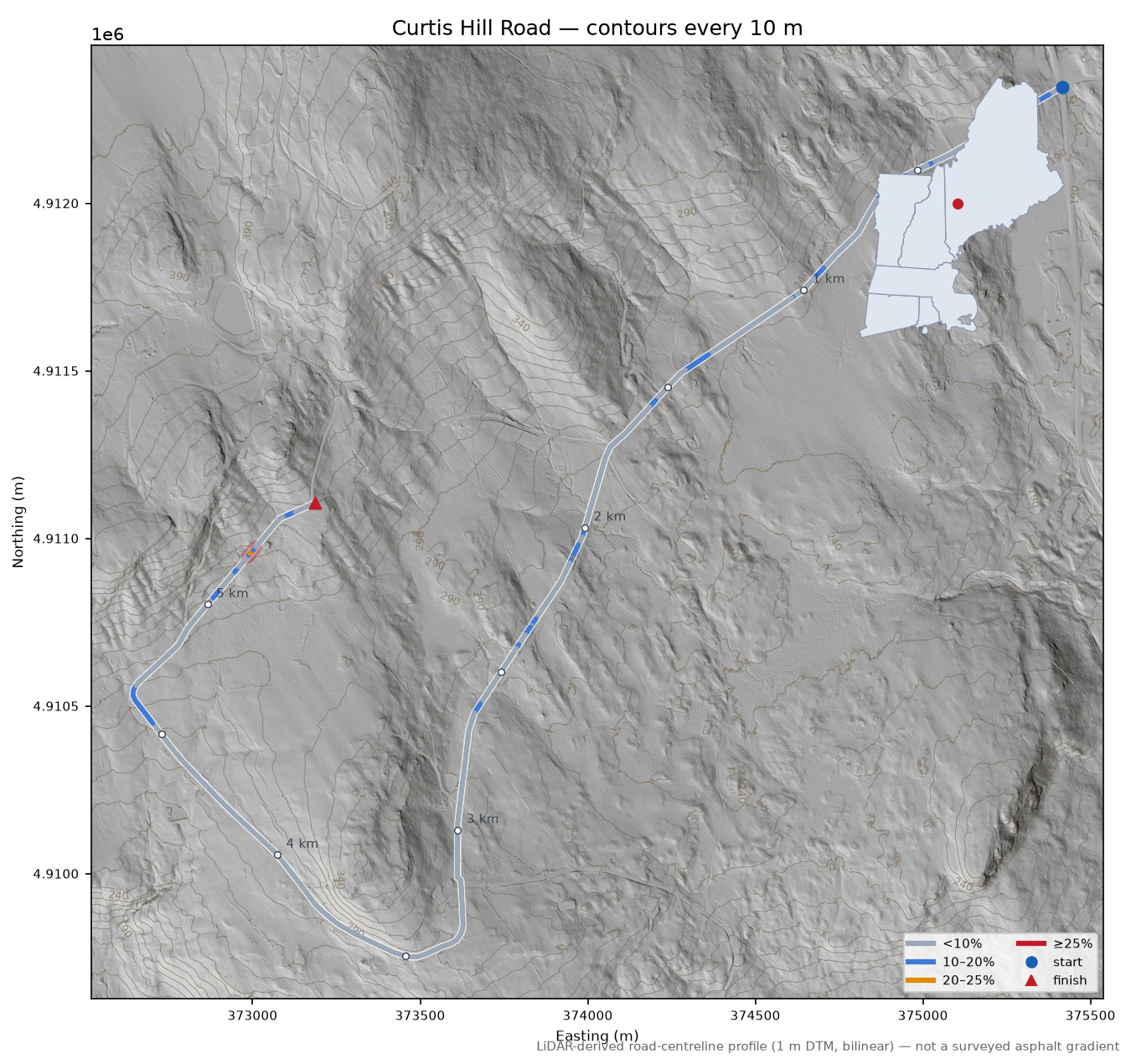 Curtis Hill Road LiDAR hillshade map with contours