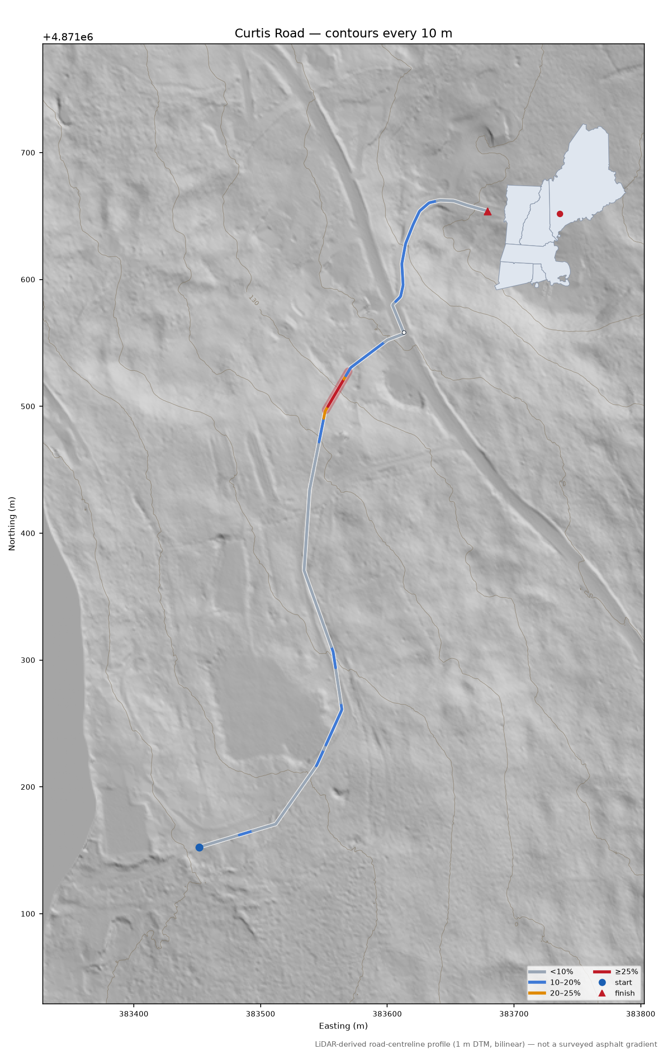 Curtis Road LiDAR hillshade map with contours