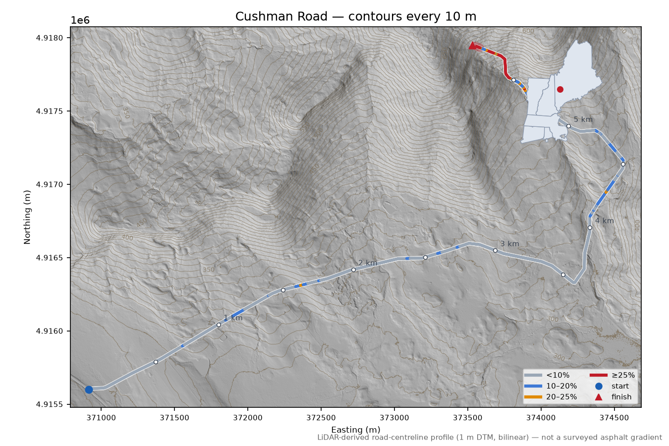 Cushman Road LiDAR hillshade map with contours