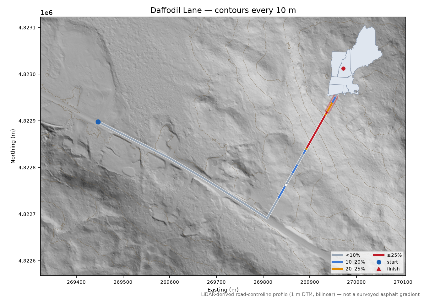 Daffodil Lane LiDAR hillshade map with contours