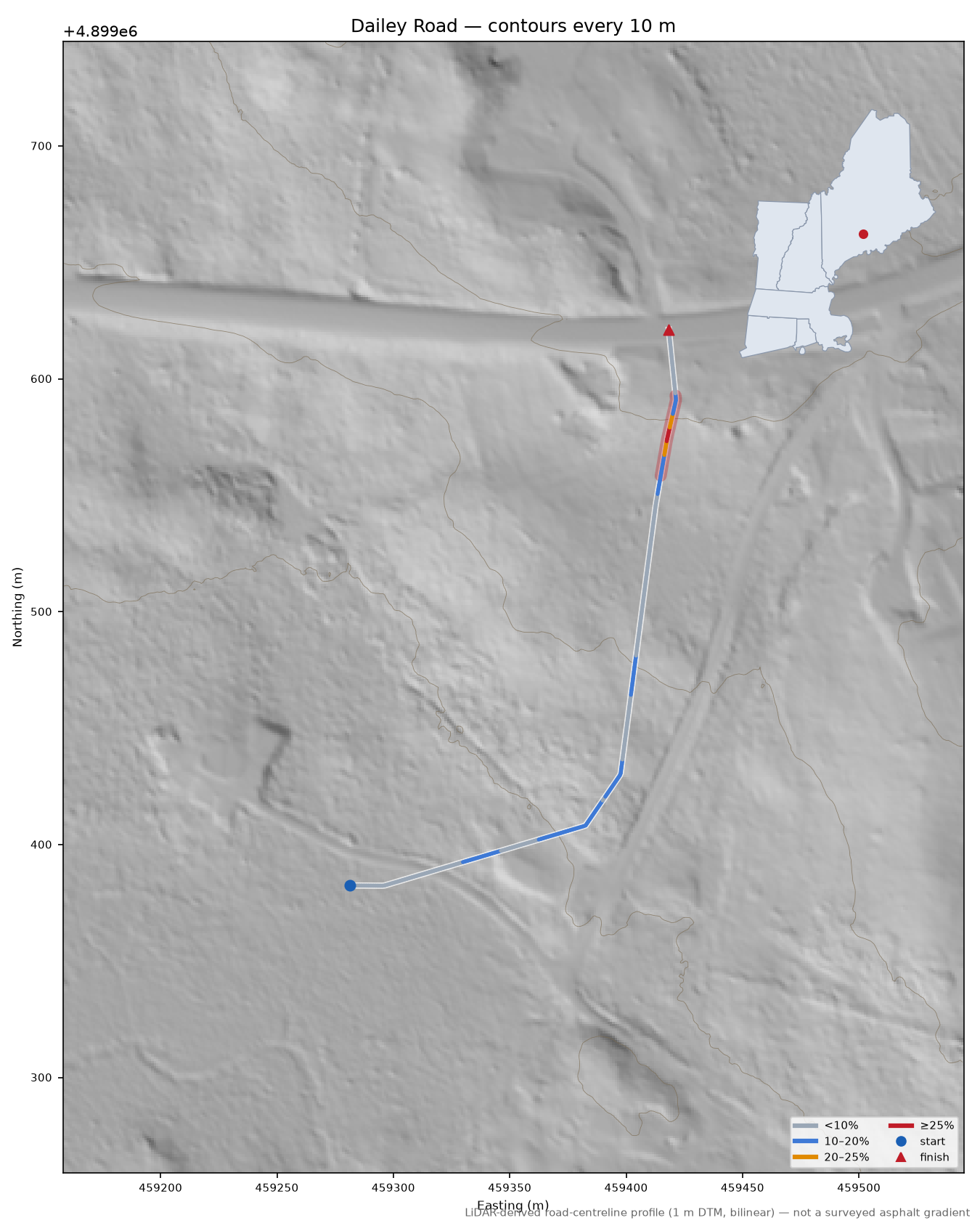 Dailey Road LiDAR hillshade map with contours