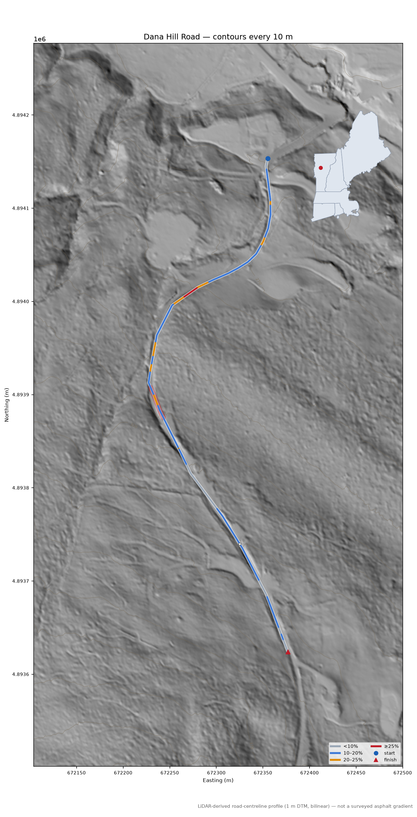 Dana Hill Road LiDAR hillshade map with contours