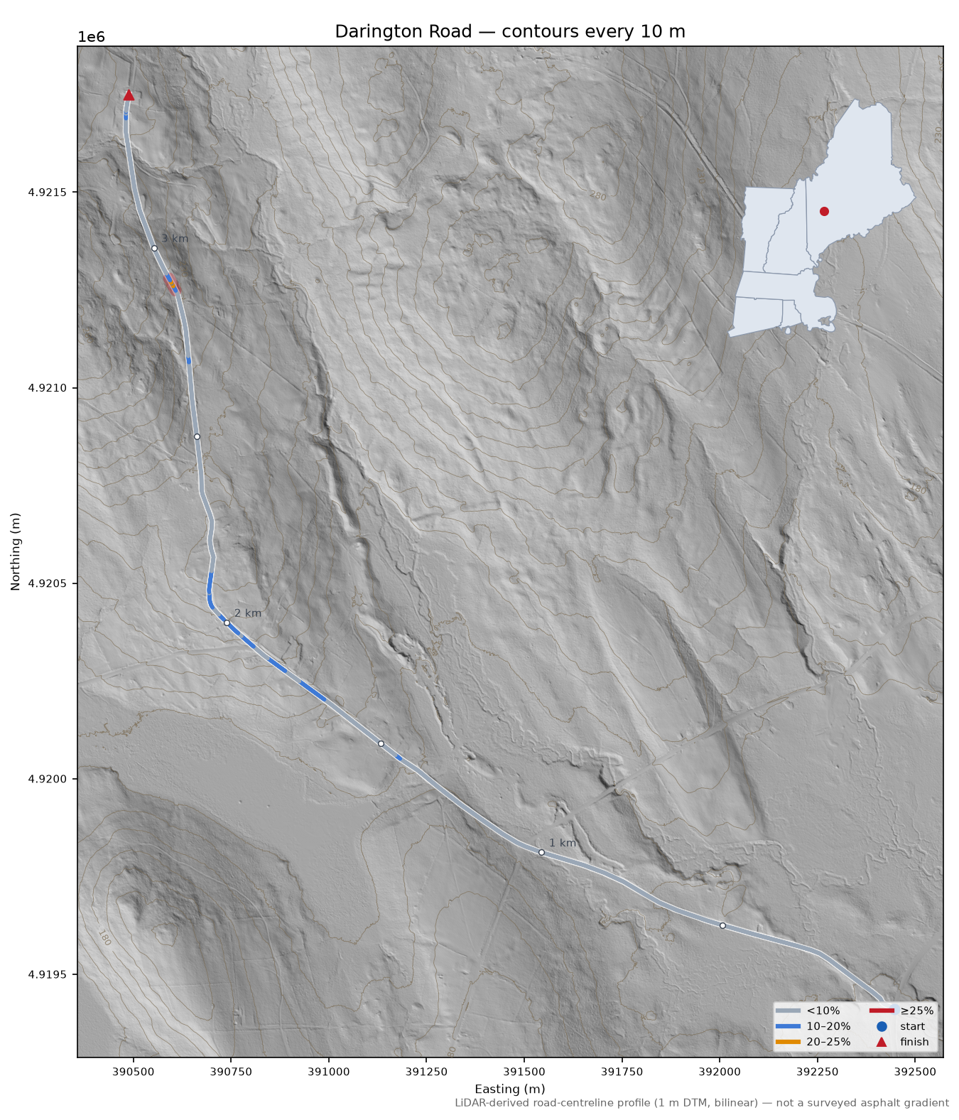 Darington Road LiDAR hillshade map with contours