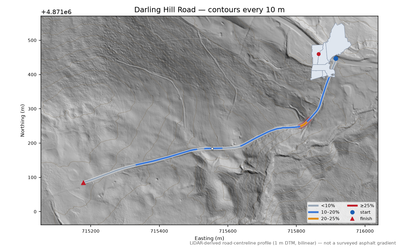 Darling Hill Road LiDAR hillshade map with contours