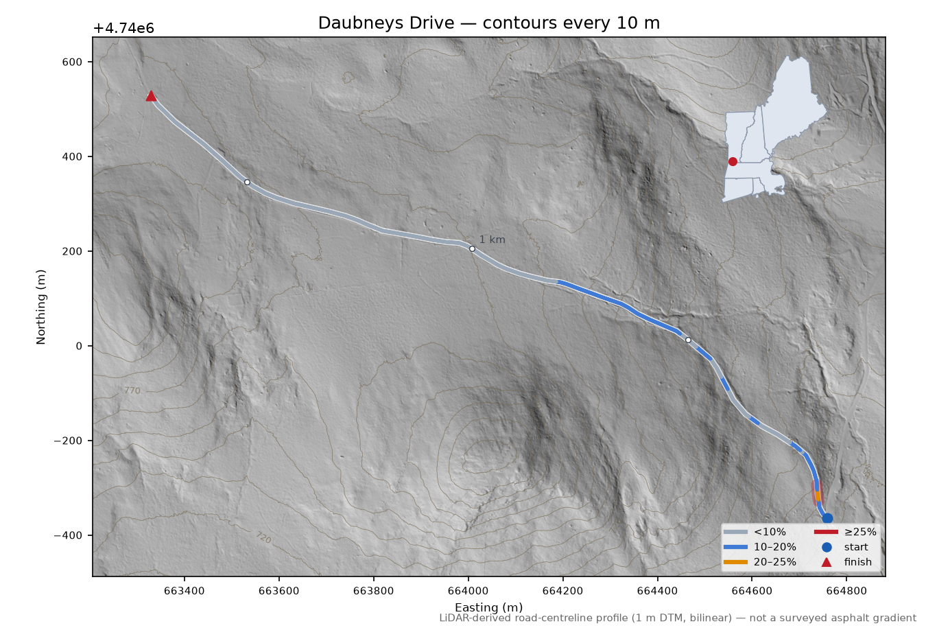 Daubneys Drive LiDAR hillshade map with contours