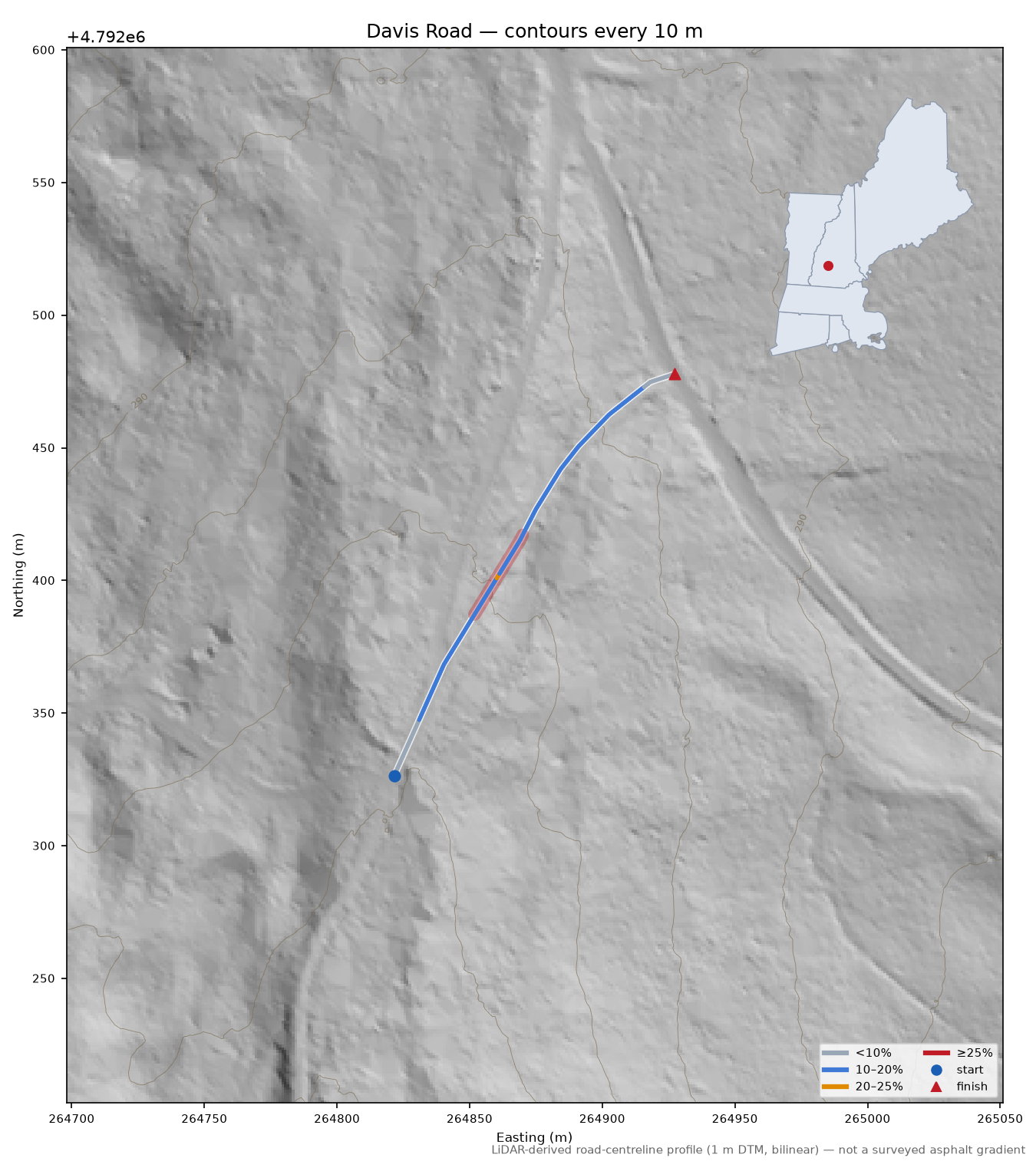 Davis Road LiDAR hillshade map with contours