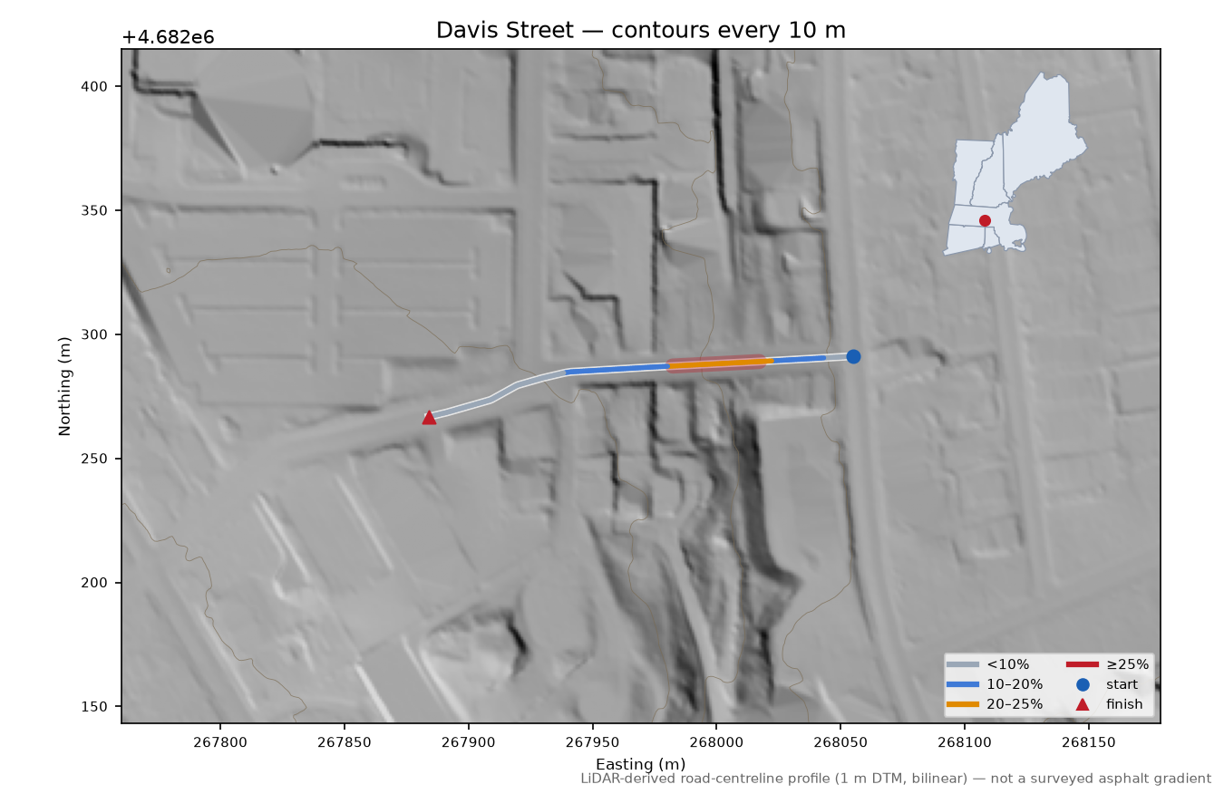 Davis Street LiDAR hillshade map with contours