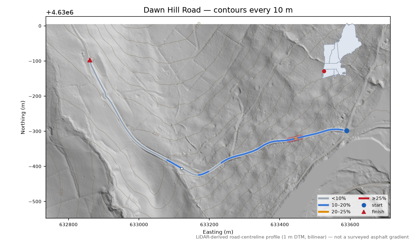 Dawn Hill Road LiDAR hillshade map with contours