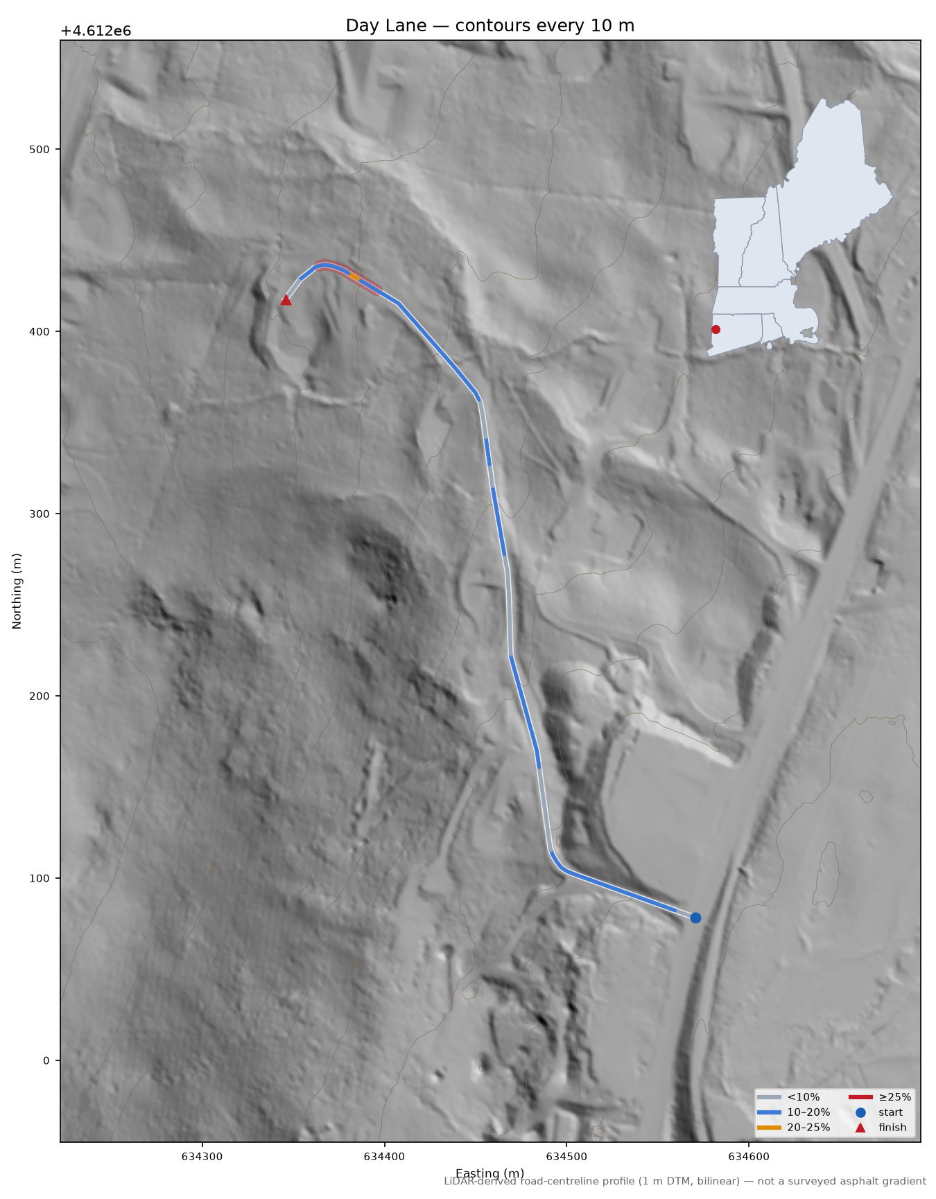 Day Lane LiDAR hillshade map with contours