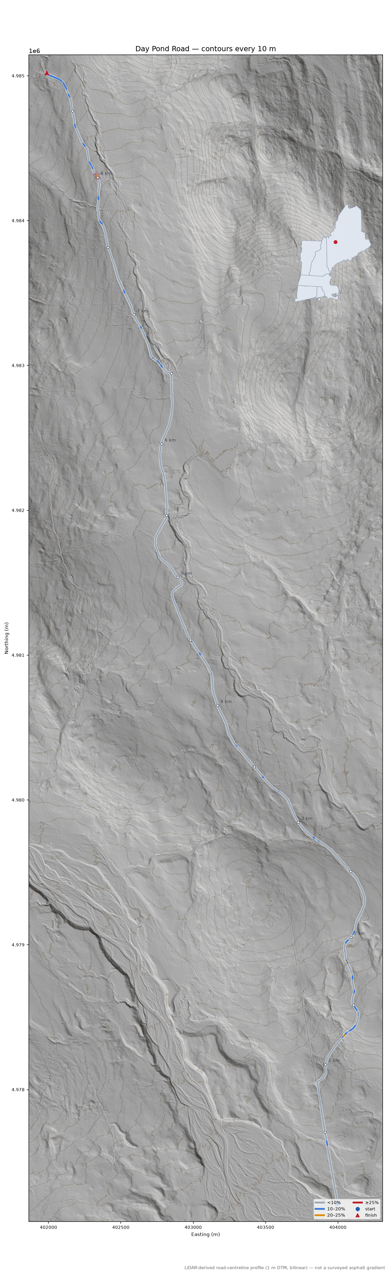 Day Pond Road LiDAR hillshade map with contours