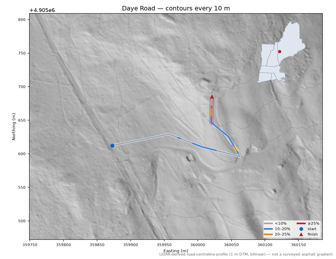 Daye Road LiDAR hillshade map with contours