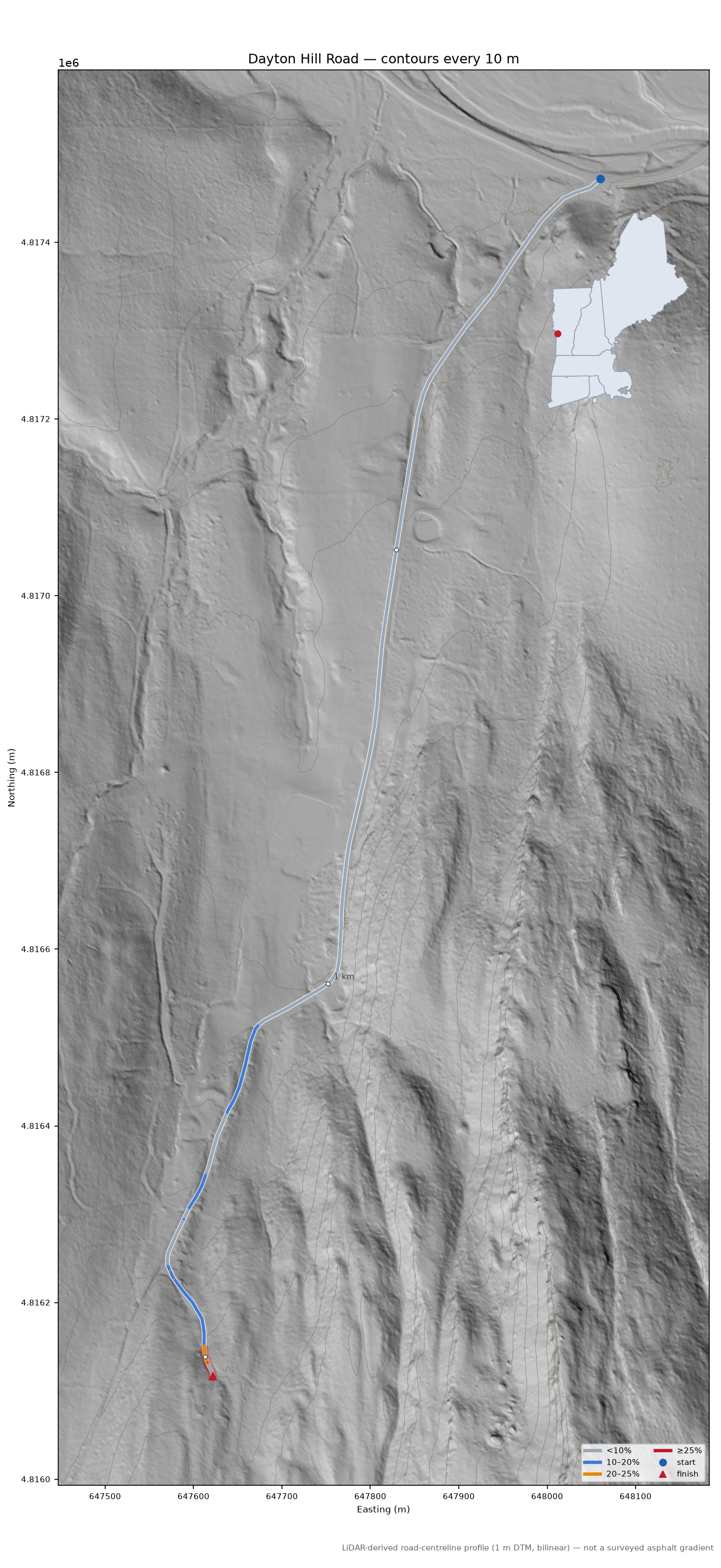 Dayton Hill Road LiDAR hillshade map with contours