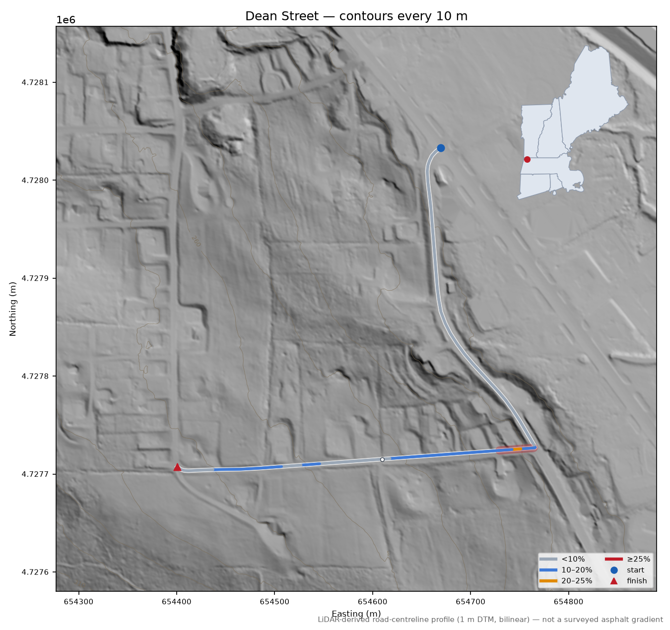 Dean Street LiDAR hillshade map with contours