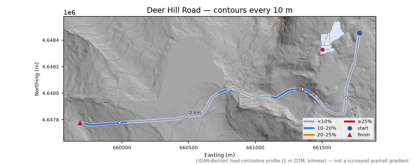 Deer Hill Road LiDAR hillshade map with contours