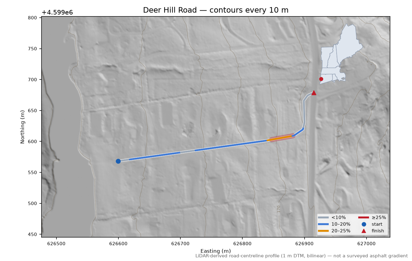 Deer Hill Road LiDAR hillshade map with contours