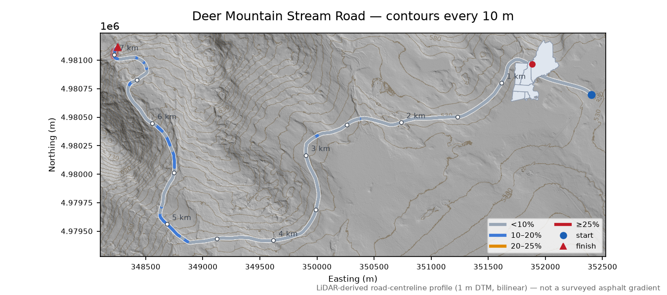 Deer Mountain Stream Road LiDAR hillshade map with contours