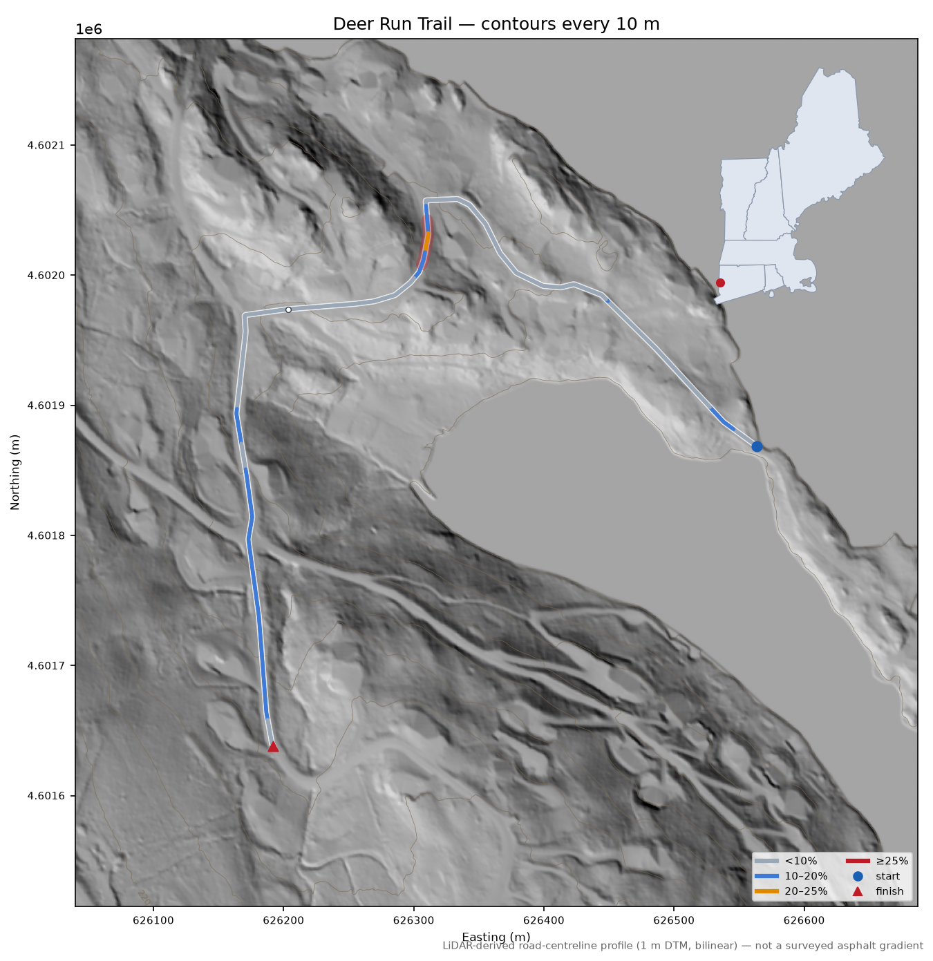 Deer Run Trail LiDAR hillshade map with contours