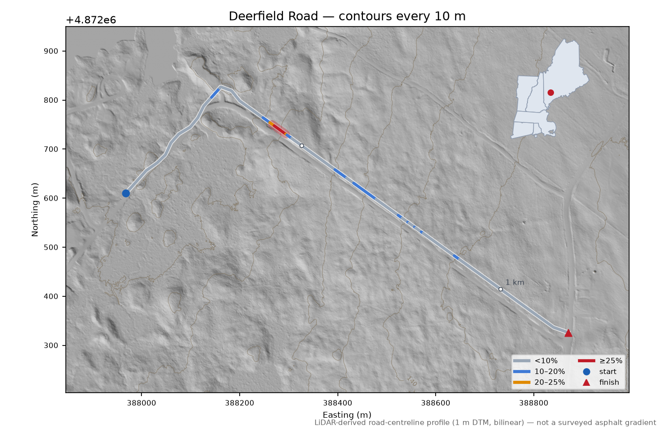 Deerfield Road LiDAR hillshade map with contours