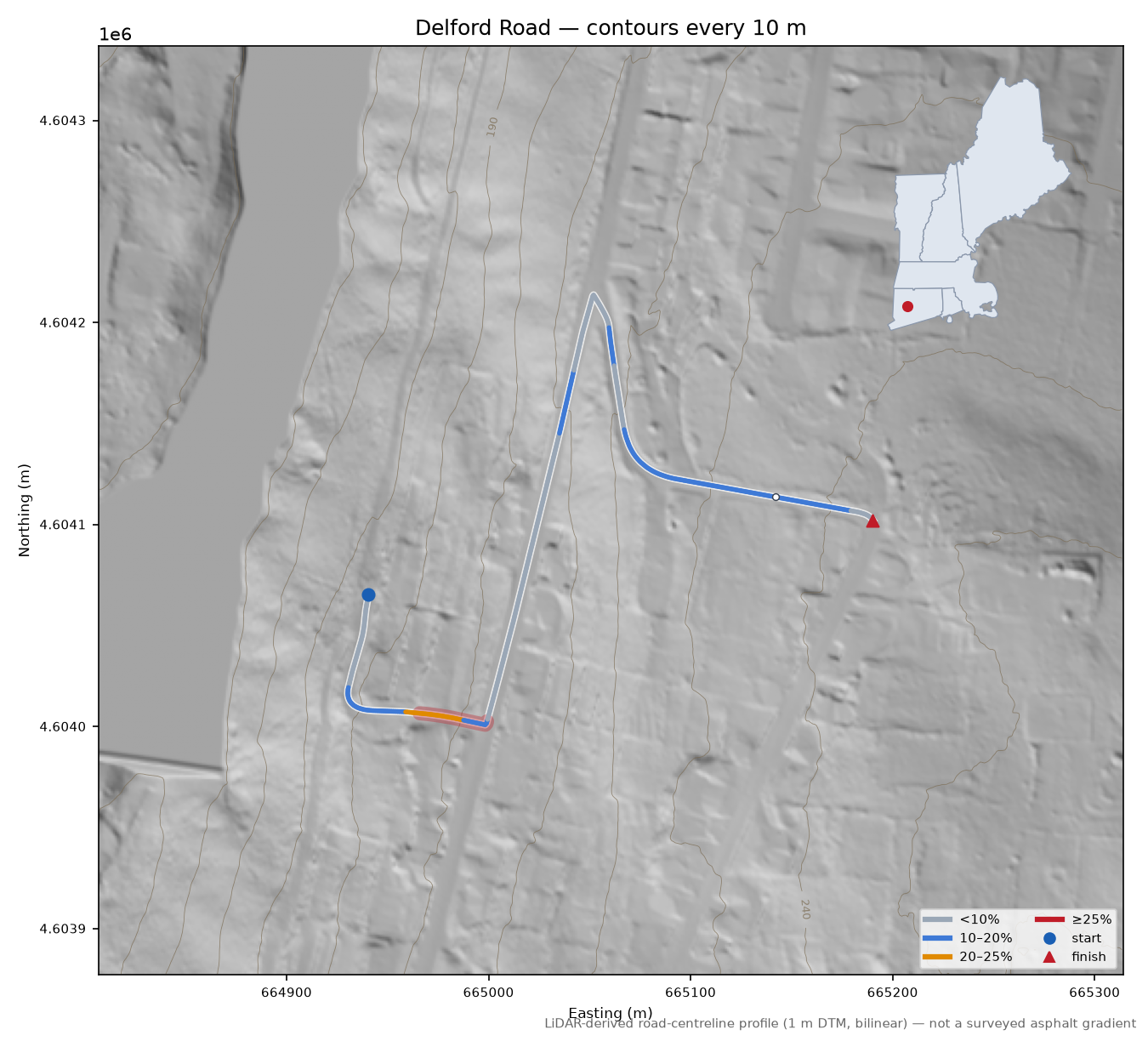 Delford Road LiDAR hillshade map with contours