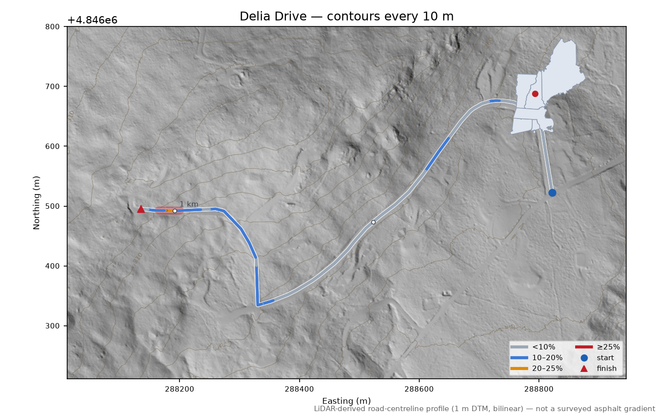 Delia Drive LiDAR hillshade map with contours