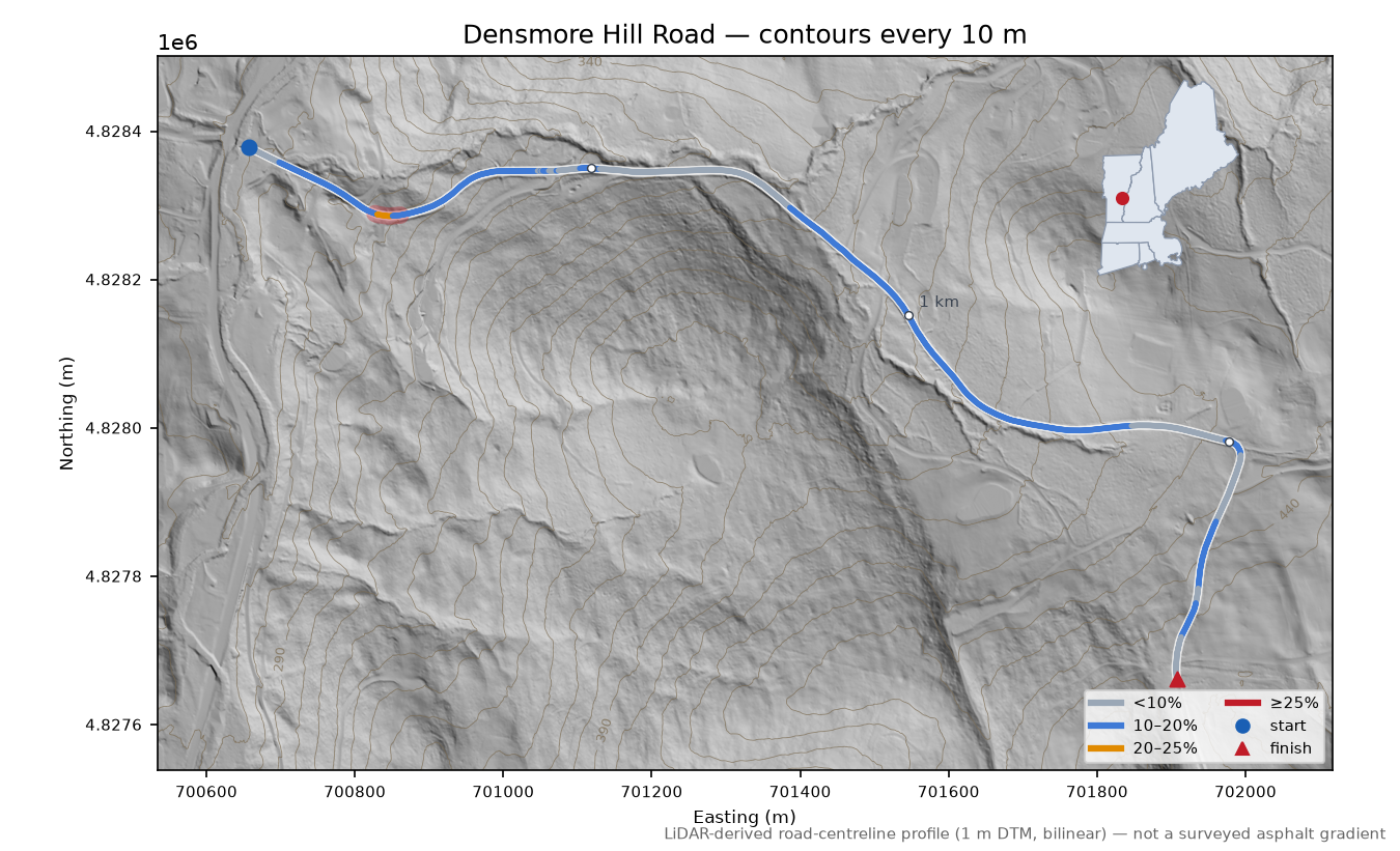 Densmore Hill Road LiDAR hillshade map with contours