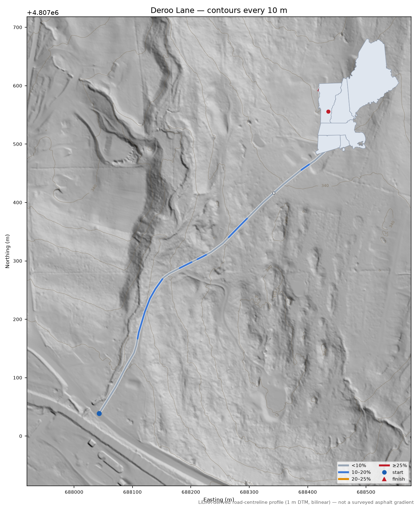 Deroo Lane LiDAR hillshade map with contours