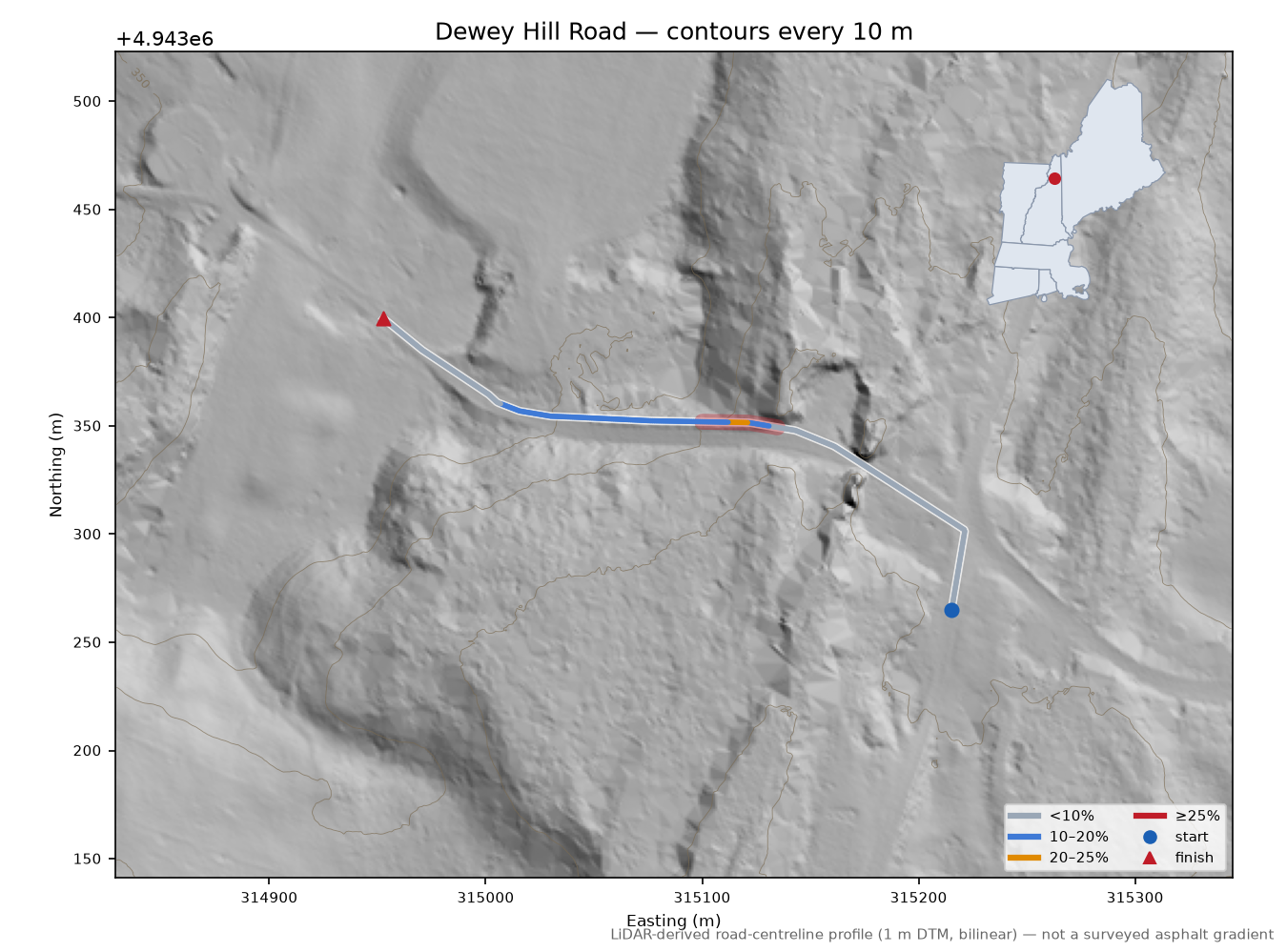 Dewey Hill Road LiDAR hillshade map with contours