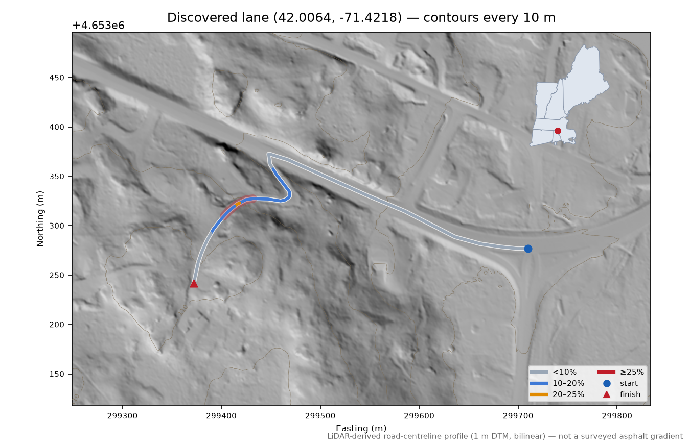 Discovered lane (42.0064, -71.4218) LiDAR hillshade map with contours