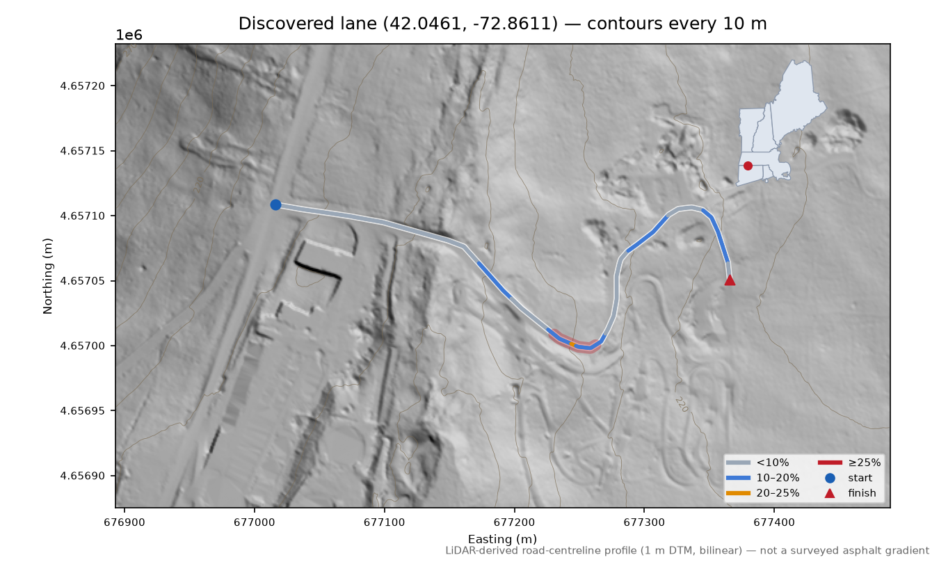 Discovered lane (42.0461, -72.8611) LiDAR hillshade map with contours